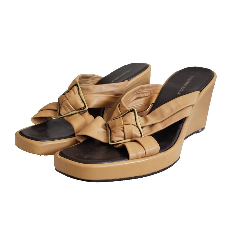 $225 BCBG MAX AZRIA FRONDA Brown Leather Designer Wedges Sandals 9B EUR 39